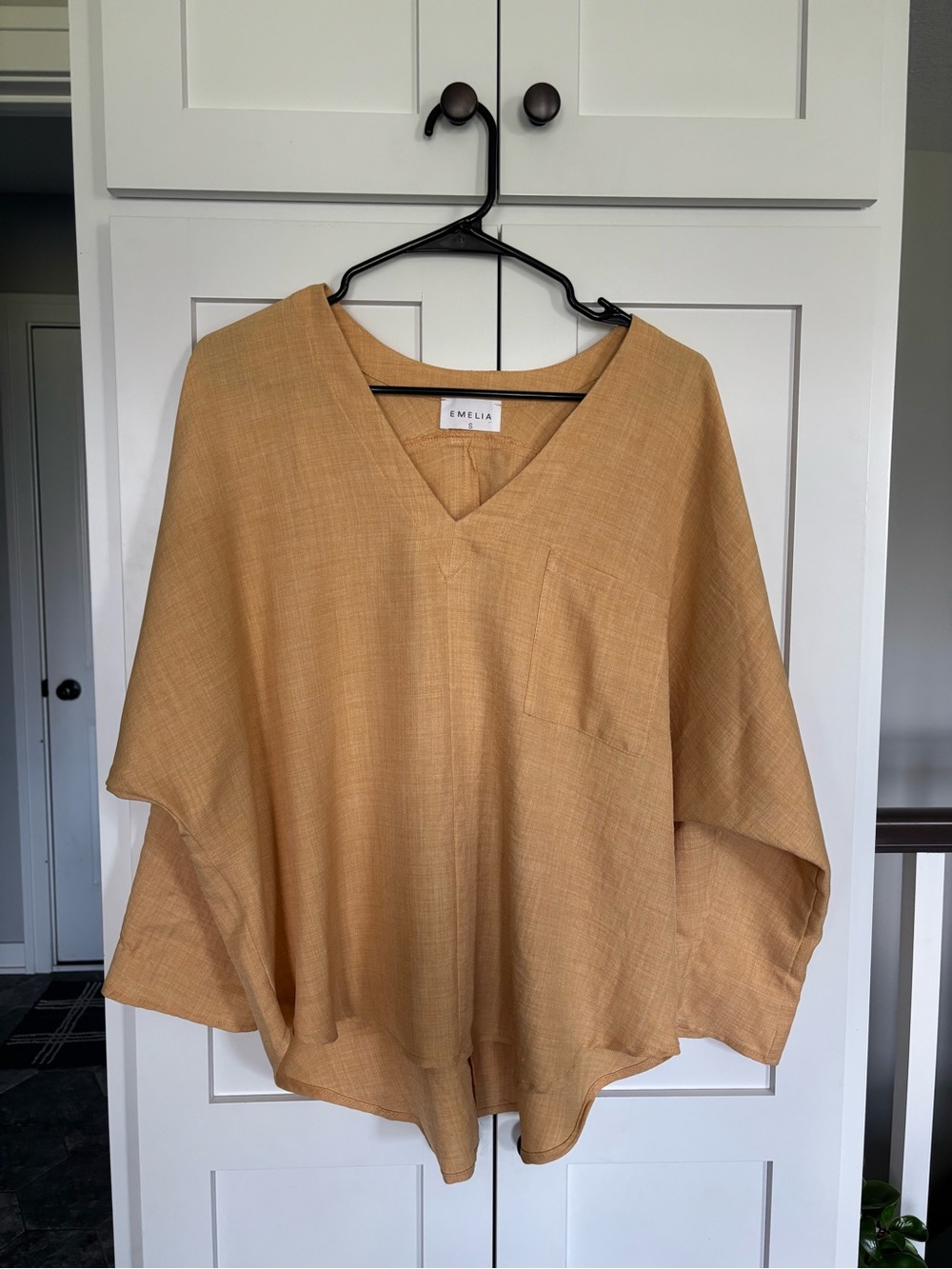Emelia Womens Linen‎ Textured Oversized V-Neck Tunic Top Mustard S PD2982